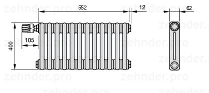 Схема (чертеж) Радиатор Zehnder Charleston 2040/12 №V011 Белый глянцевый RAL 9016